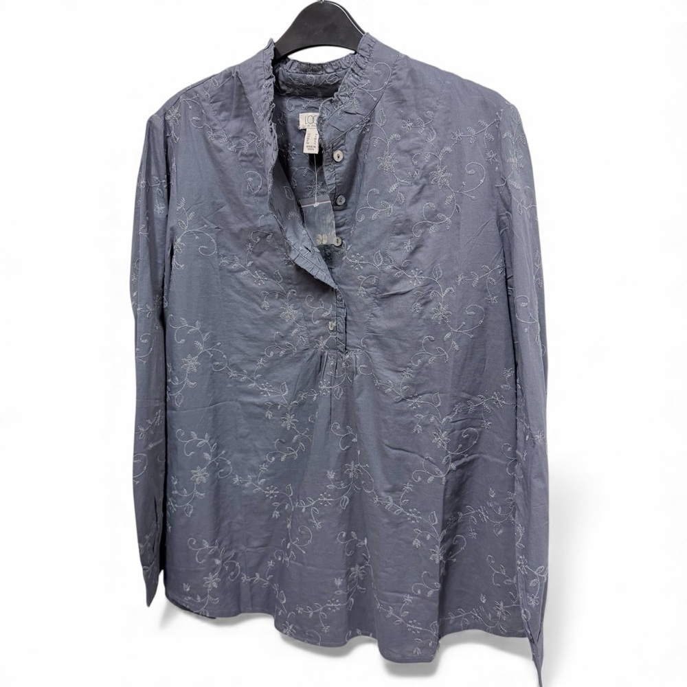LOGO Lori Goldstein Button Front Embroidered Tunic in blue/grey size medium